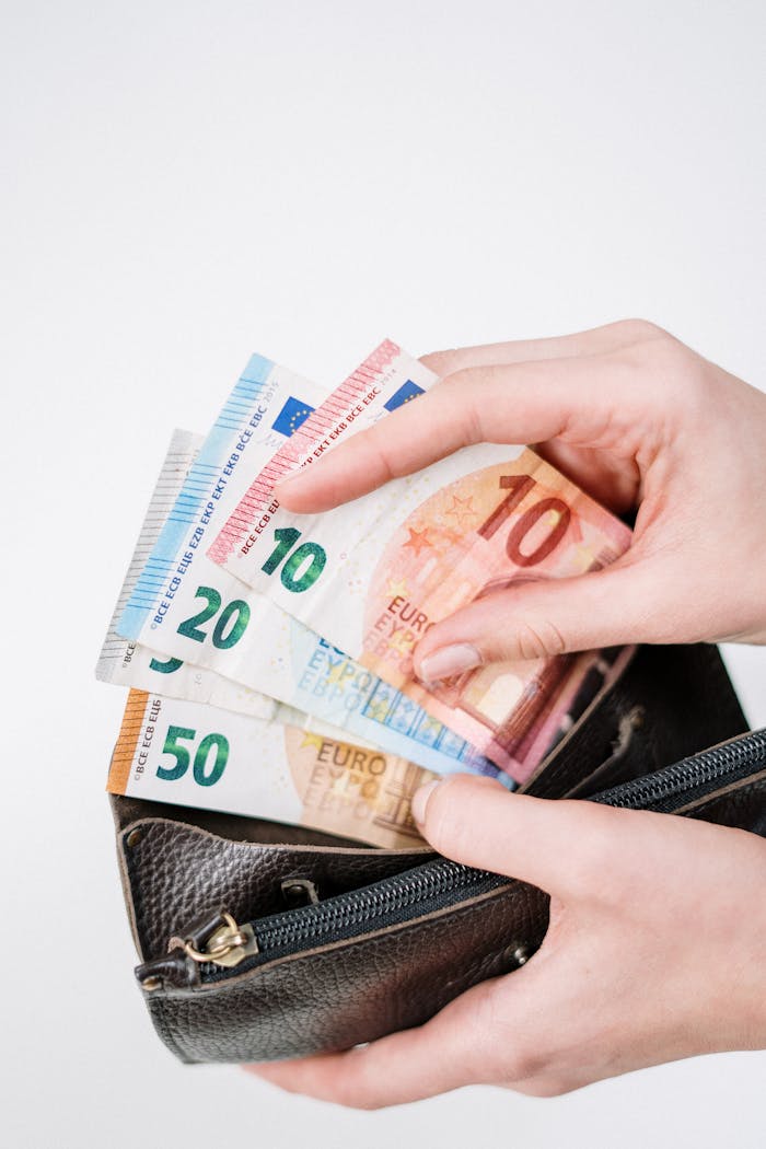 why-choose-us-01 Close-up of a hand holding euro banknotes of different denominations, taken from a black wallet.
