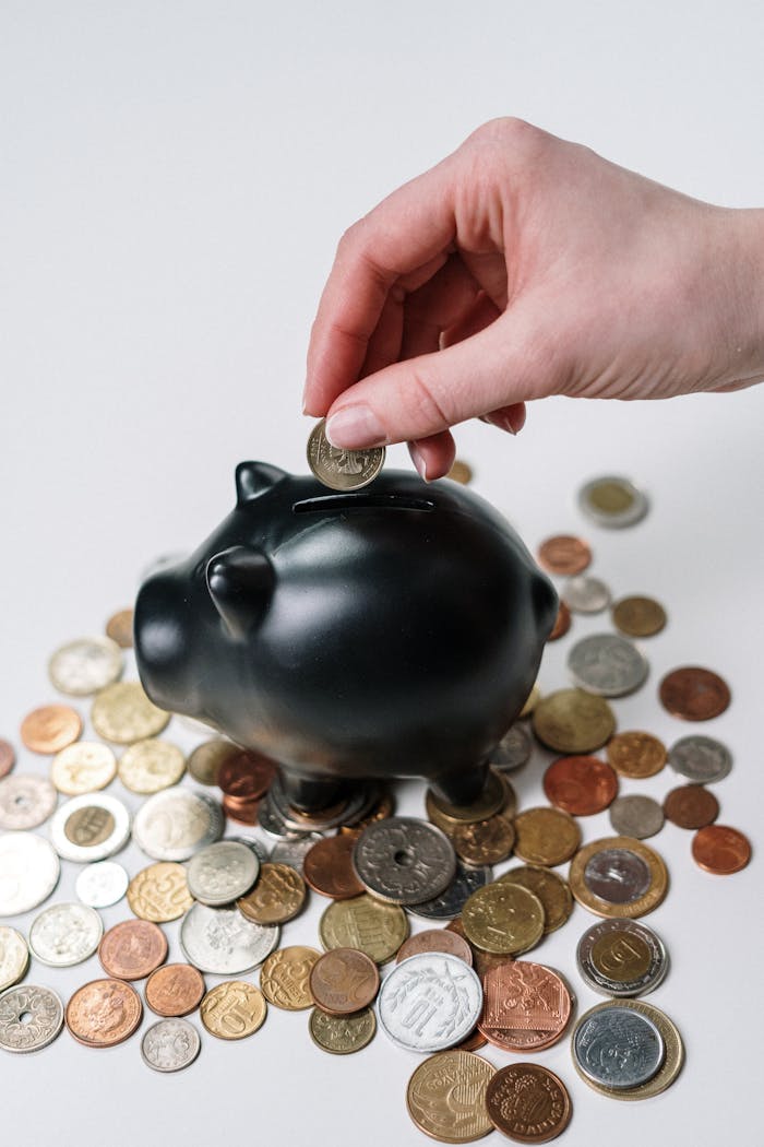 why-choose-us-02 Hand inserting coin into a black piggy bank surrounded by various coins, symbolizing savings.